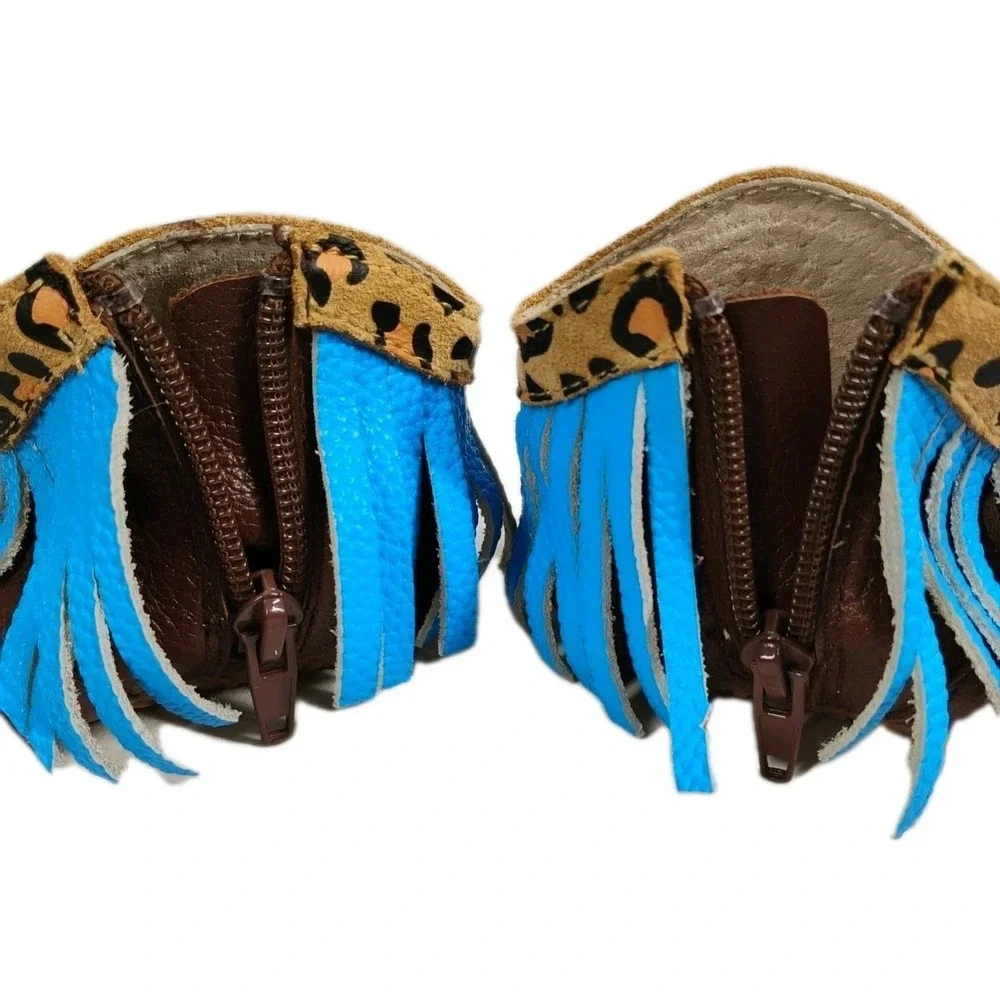 Little Toe Co. Girls 6-12m‎ Leopard Print Blue Fringe Brown Infant Shoes Boots